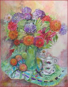Flowers In Vase With Tea Pot And Fruit