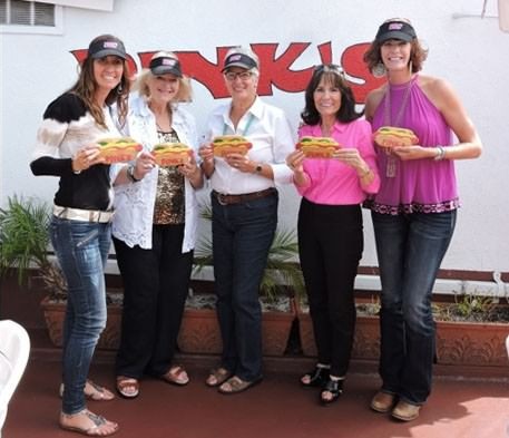 Lorie, Carol, Donna, Gloria and Christine holidng Pinks hot dog purses